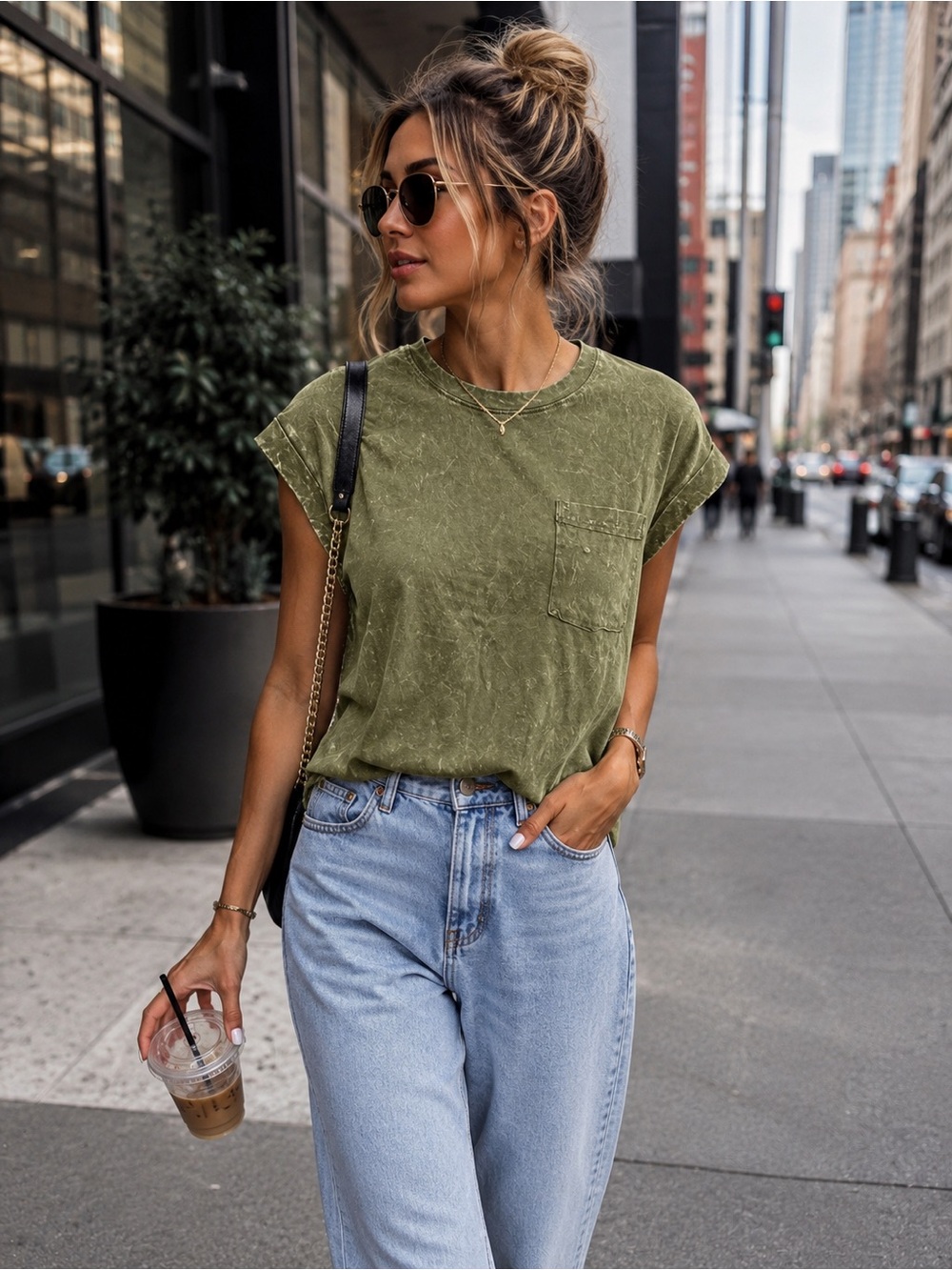 Zenana Mineral Wash Pocket Tee | Olive  - Women